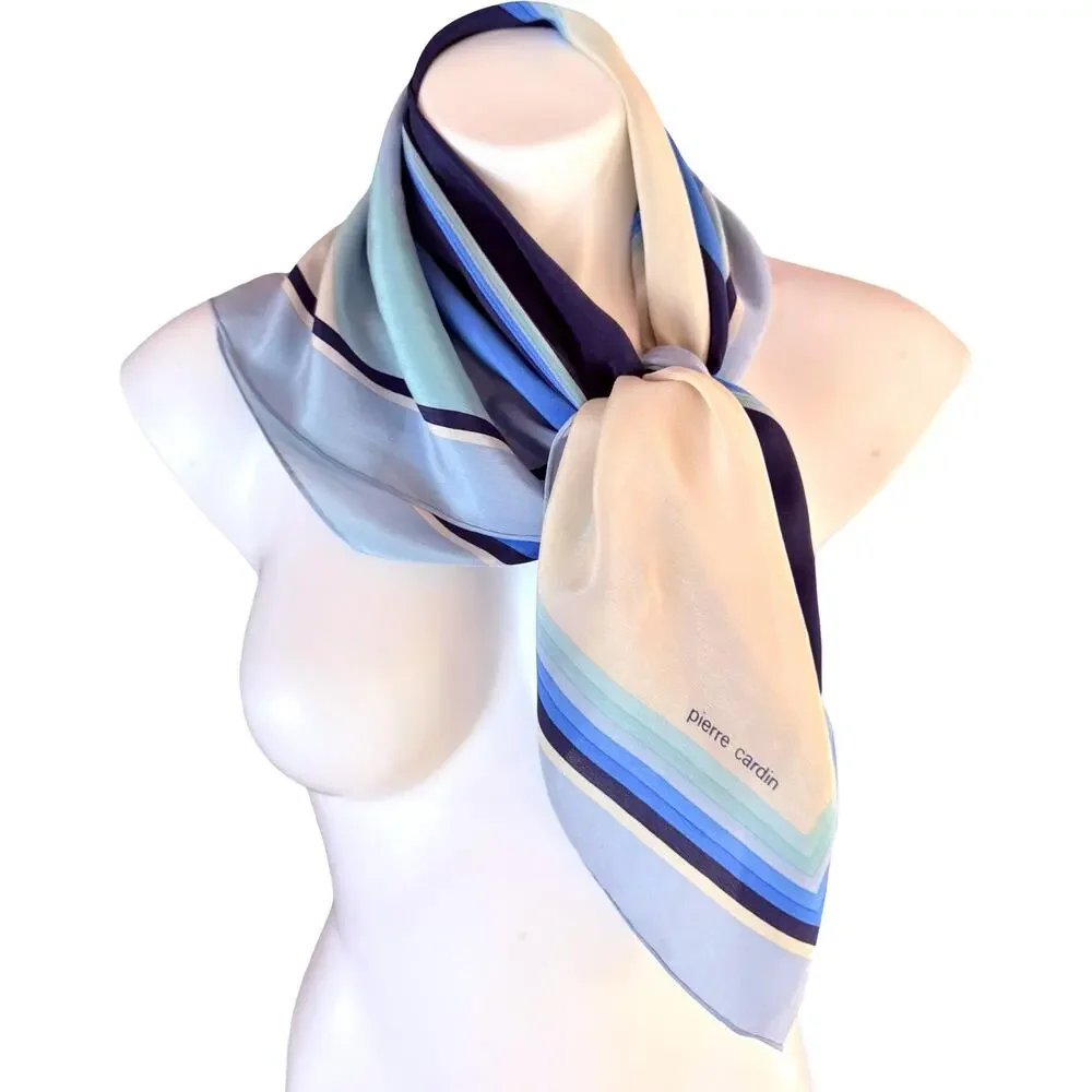 Vintage Pierre Cardin Silk Scarf 30” Navy Blue Geometric Op Art 1970s Designer